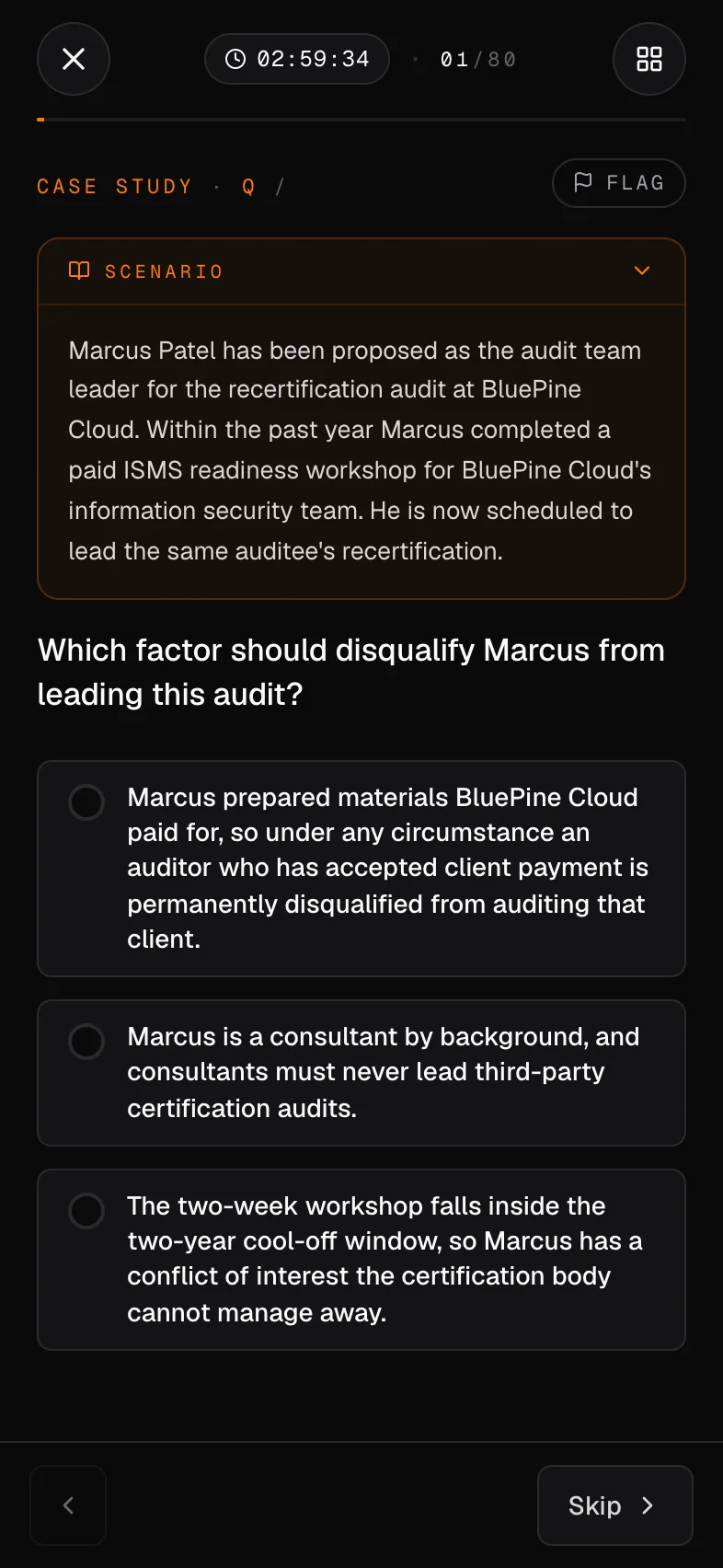 A Mindset Prep mock-exam session on iPhone showing the in-exam timer, the question palette drawer with mark-for-review affordances, and the live scoring banner