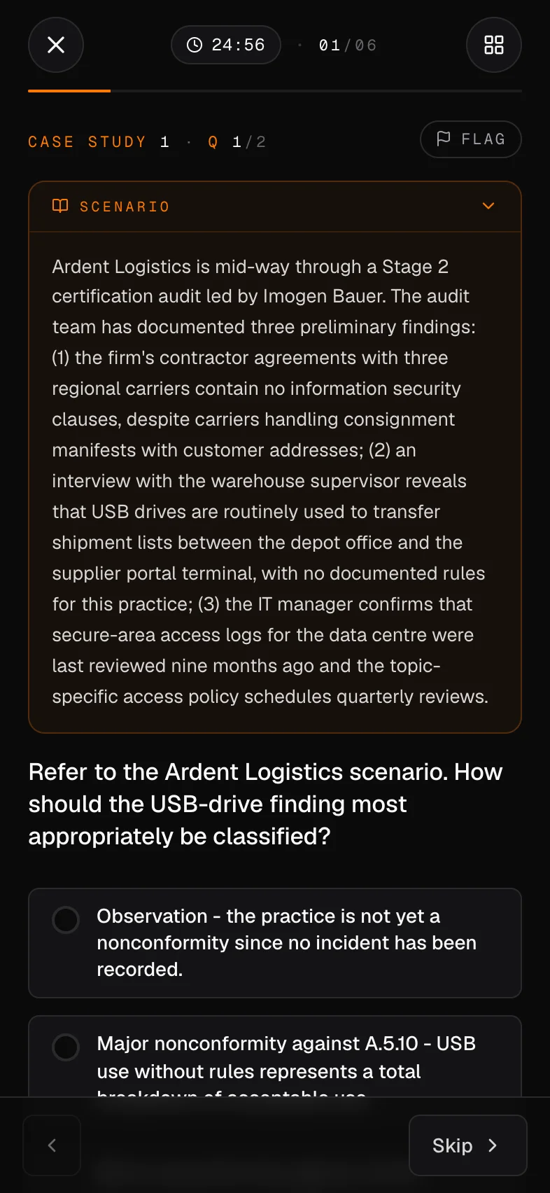 A Mindset Prep baseline review question on iPhone showing a multi-choice ISO scenario, three answer options, and a Submit button